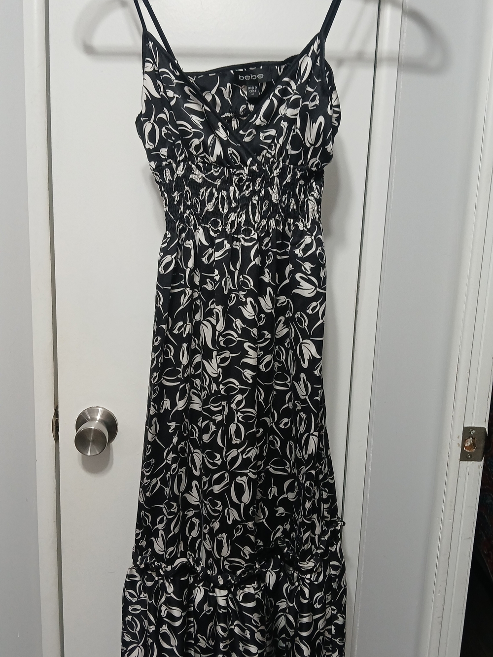 bebe Black & White Floral-Print Maxi Dress with Smocked Waist